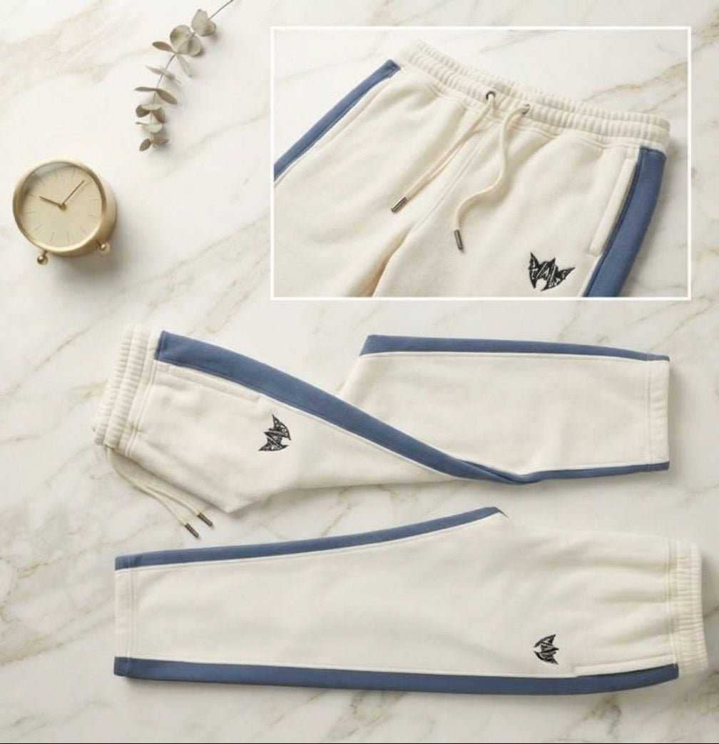 Crest Trouser — White with Dusty Blue Side Stripe
