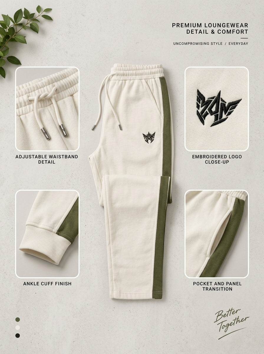 Crest Trouser — White with Olive Side Stripe