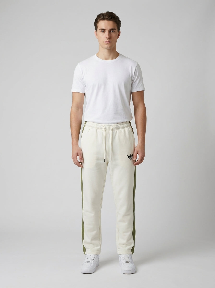 Crest Trouser — White with Olive Side Stripe