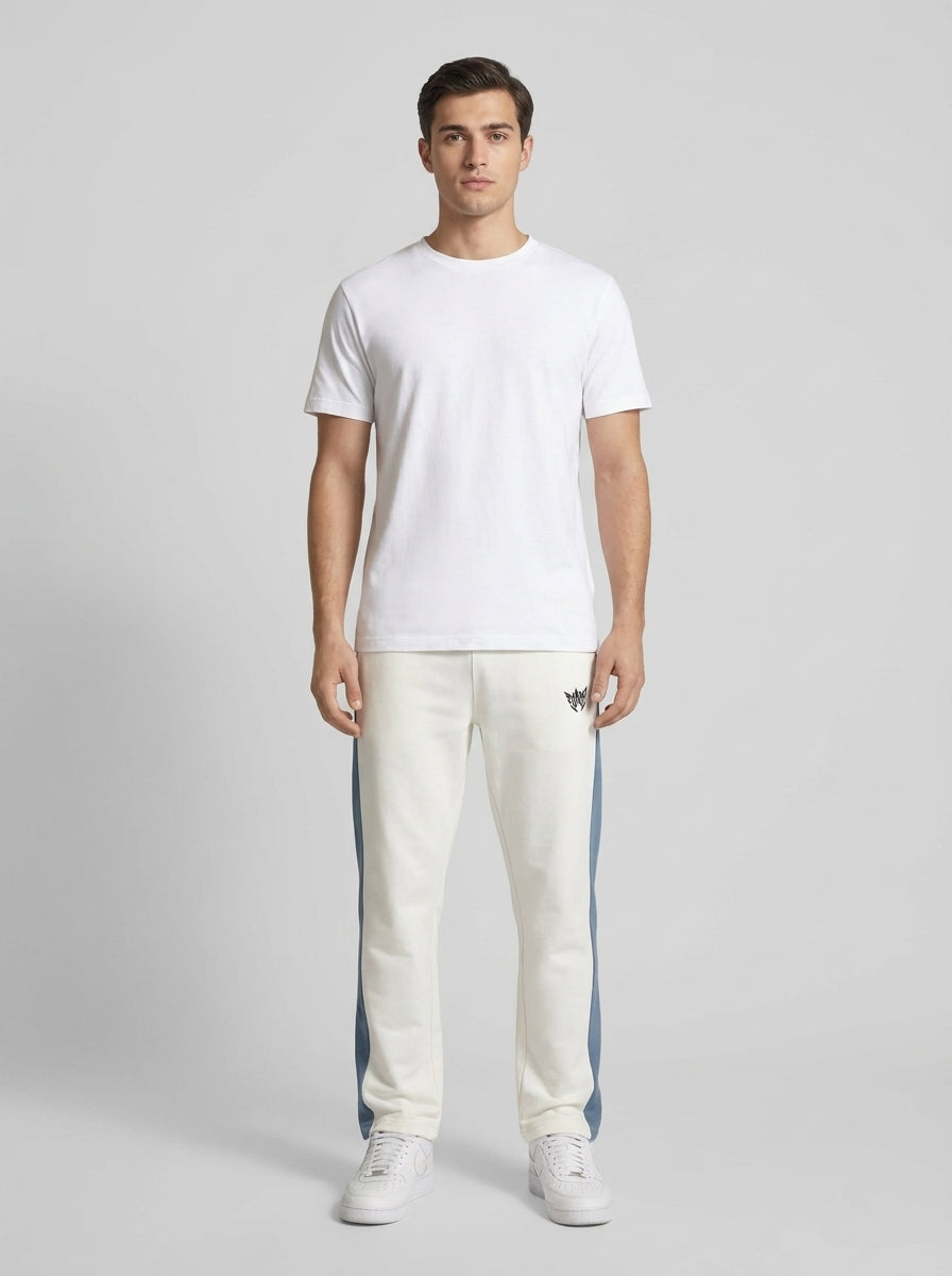 Crest Trouser — White with Dusty Blue Side Stripe