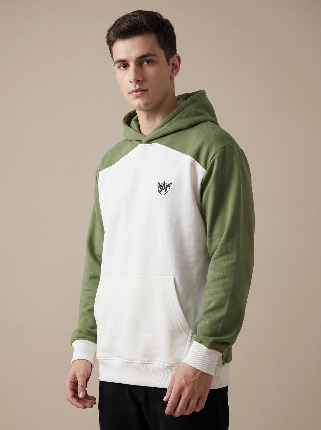 Oversized Color-Block Hoodie — Olive & White